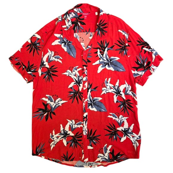 GUESS Mens Floral Viscose Short Sleeve Button Down Tropical Flowers Shirt Red XL - Picture 4 of 10